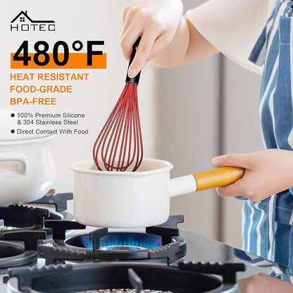HOTEC 4 Pieces Silicone Whisks Set, Wire Balloon Whisks for cooking Egg Beater, Non-slip Handle Whisk for Non-stick Cookware Perfect for Cooking, Stirring, Beating and Blending,Red