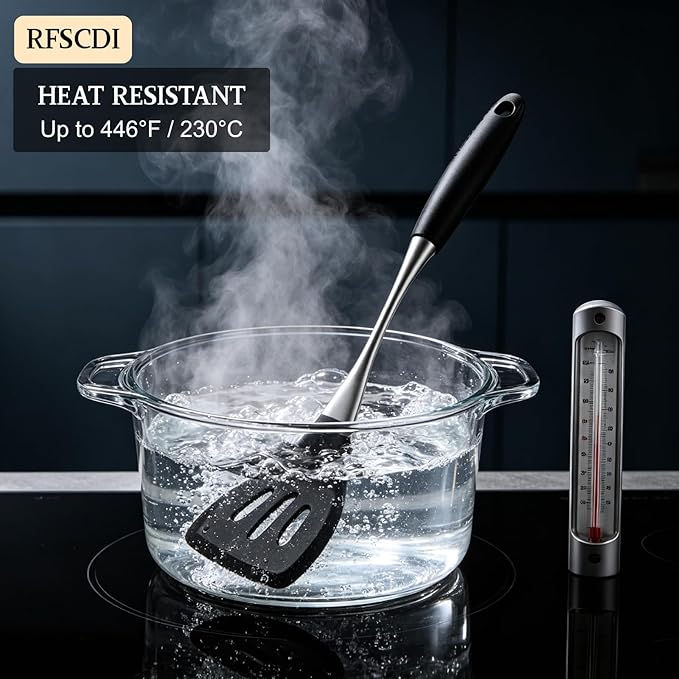 Premium Black Silicone Cooking Utensils Set - Non-Toxic, Heat Resistant& Non-Stick Kitchen Utensils Set with Spatula, Spoon, Whisk, Tongs, BPA Free, Dishwasher Safe, Black