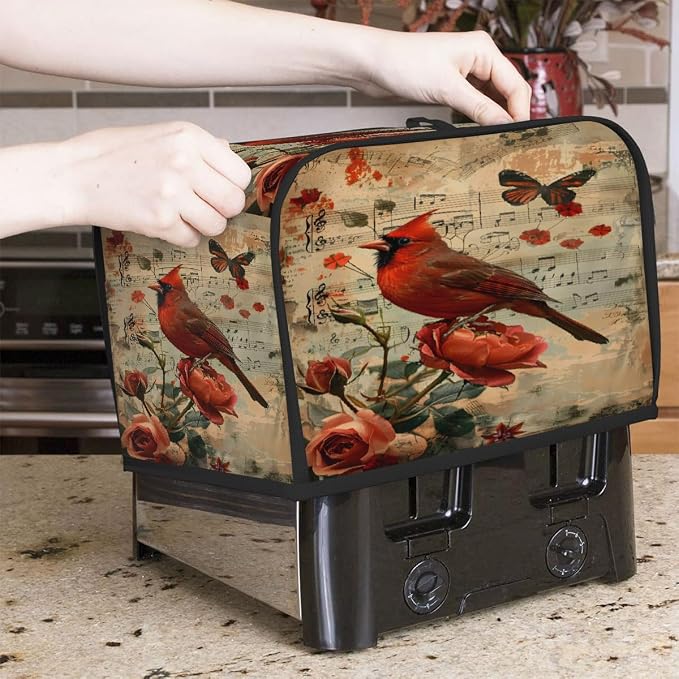 Flower Rose Red Bird Toaster Cover 4 Slice Wide Slot Washable Kitchen Appliance Covers Fingerprint Bread Machine Dust Cover Small Toaster Oven Accessories Covers Bread Maker Bag Women Gift