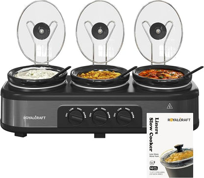 Sunvivi Triple Slow Cooker Buffet Server with 10 Cooking Liners, Adjustable Temperature Settings, for Parties, Holidays and Entertaining, Dishwasher Safe, 3 * 1.5 Quarts Grey