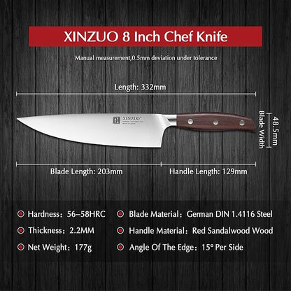 XINZUO 8 Inch Chef Knife,German Stainless Steel, Professional Kitchen Cutting Knife, Ultra Sharp Cooking Knife with Red Sandalwood Handle