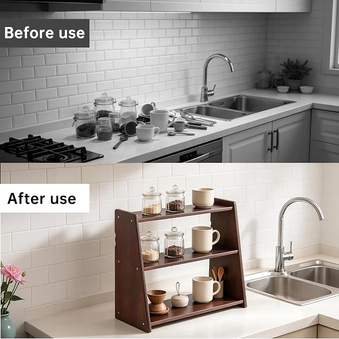 100% Solid Wood Kitchen Countertop Organizer, 3 Tier Spice Rack, Rustic Bathroom Countertop Organizer, Trinket Shelf, Tiered Display Stand for Spices, Makeup, Collectibles & Home Decor