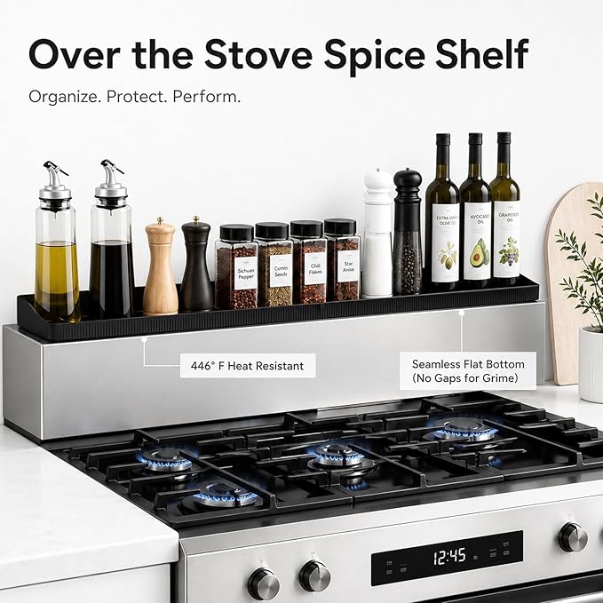 Magnetic Stove Top Shelf, Over the Stove Shelf Spice Rack & Spice Organizer – 30" Heat Resistant Silicone Stove Shelf, No Drill Kitchen Storage Organizer for Gas/Electric Stoves & Small Kitchens