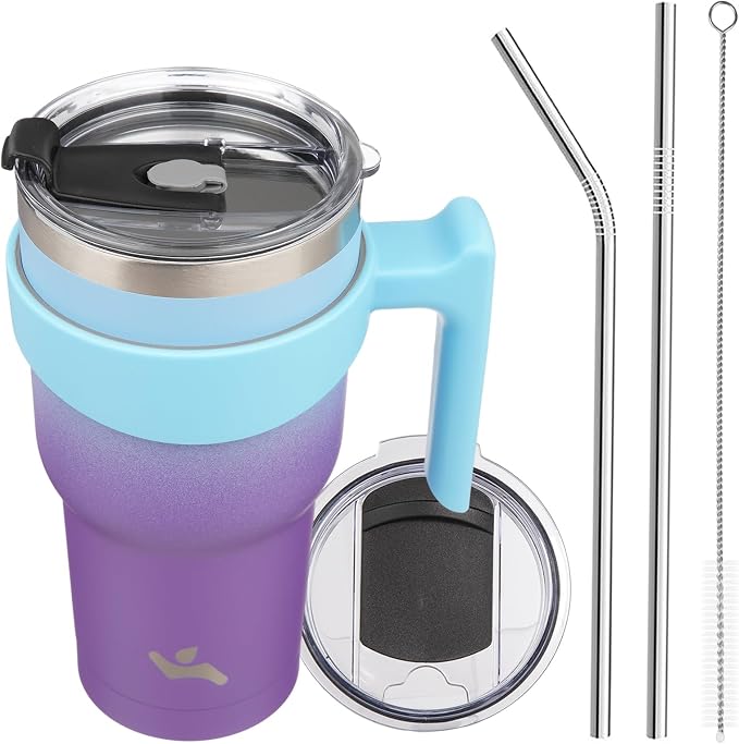 Konokyo 30 oz Tumbler with Handle and 2 Straw 2 Lid, Insulated Water Bottle Stainless Steel Vacuum Cup Reusable Travel Mug,Ocean Dream