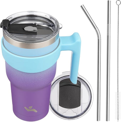 Konokyo 30 oz Tumbler with Handle and 2 Straw 2 Lid, Insulated Water Bottle Stainless Steel Vacuum Cup Reusable Travel Mug,Ocean Dream