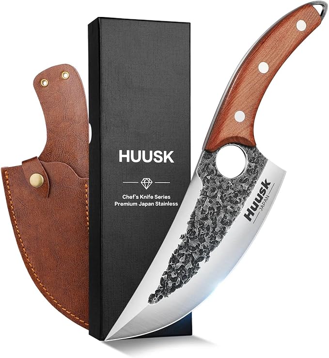 Huusk Japanese Knife with Leather Sheath, Full Tang Viking Chef Knives | Hand Forged High Carbon Steel Meat Cleaver with Finger Hole for Camping Outdoor BBQ Cooking Kitchen, Fathers' Day Gift