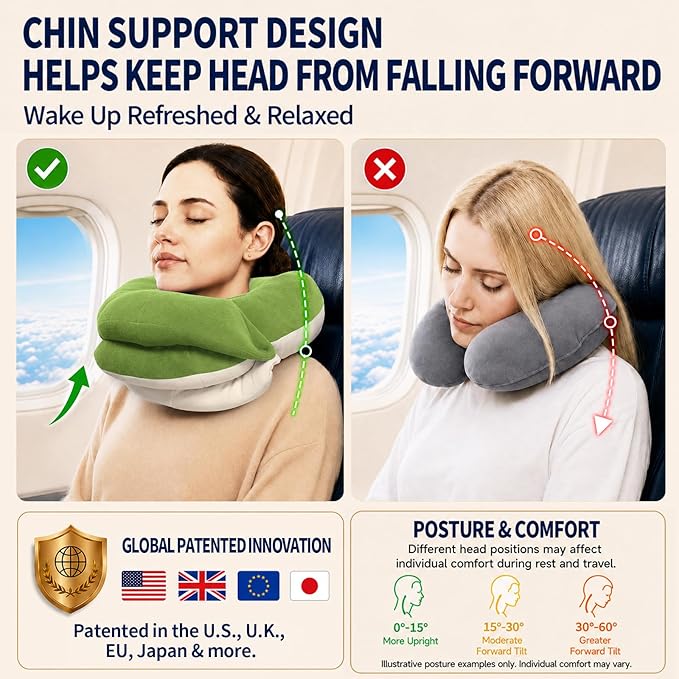 BUYUE Travel Neck Pillows for Airplanes, Memory Foam 360° Head Support Sleep for Long Flight, Skin-Friendly & Breathable, Kit with Eye Mask, Earplugs and Storage Bag (Adult, Green, 90+ lbs)