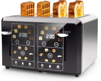 PULZO 4 Slice Toaster Wide Slot, LED Display, Dual Independent Control Panel, 6 Bread Modes, Defrost, Reheat & Timer, Digital Toasters for Bagel Muffin Waffle Gluten Free Breads