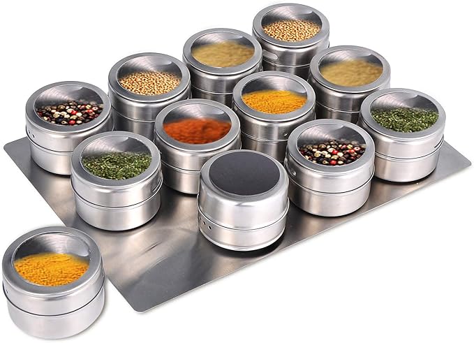 Upgrade Magnetic Spice Jars 12pcs with Wall Mounted,Stainless Steel Spice Tins with Lid and Small Holes for Sprinkle Rust Free Easy to Clean Includes 94 Labeling Stickers by Beeyoka