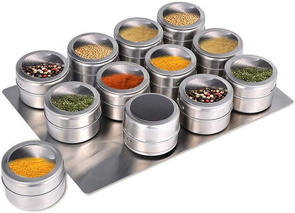 Upgrade Magnetic Spice Jars 12pcs with Wall Mounted,Stainless Steel Spice Tins with Lid and Small Holes for Sprinkle Rust Free Easy to Clean Includes 94 Labeling Stickers by Beeyoka