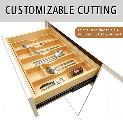 Silverware Drawer Organizer - Trim-to-Fit with Adjustable Dividers for Kitchen Utensil Storage, Beech Wood Frame with 11 Sizes (10.24" W x 22" D)