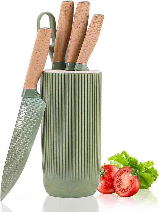 Kitchen Knife Set, Retrosohoo 6-Pieces Green Sharp Knife Set for Kitchen, Non-stick Non-slip Stainless Steel Chef Knife Set with Universal Knife Block Suitable for Home Restaurant (Green)
