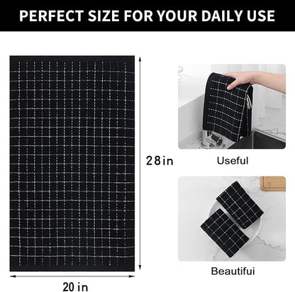 Homaxy 100% Cotton Terry Kitchen Towels(Black, 20 x 28 inches), Checkered Designed, Soft and Super Absorbent Dish Towels, Large 8 Pack