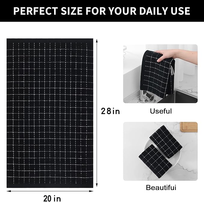 Homaxy 100% Cotton Terry Kitchen Towels(Black, 20 x 28 inches), Checkered Designed, Soft and Super Absorbent Dish Towels, Large 6 Pack