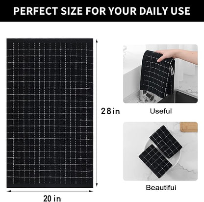 Homaxy 100% Cotton Terry Kitchen Towels(Black, 20 x 28 inches), Checkered Designed, Soft and Super Absorbent Dish Towels, Large 6 Pack