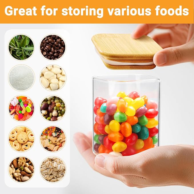 Square Glass Storage Jars, 2 Pack 6 Fl.oz Glass Jars with Bamboo Lids, Clear Spice Canister Stackable Sugar Coffee Containers for Candy Loose Tea Oats - Set Included Labels, Spoon and Marker