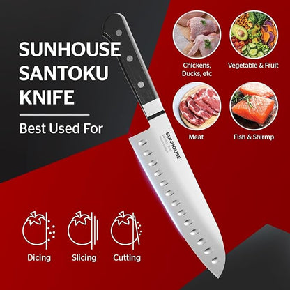 Sunhouse 7 Inch Santoku Knife - Japanese AUS-8 High Carbon Steel Professional Chef Knife - Kitchen Gadgets 2026, Apartment Essentials, Mothers Day Gift for Mom Wife Her
