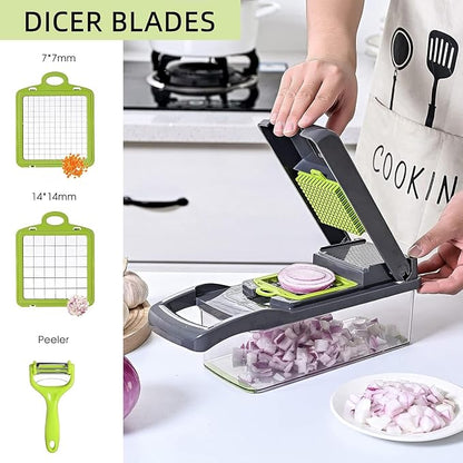 Vegetable Chopper: 16 in 1 Food Chopper - Onion Vegetable Slicer Cutter Dicer, Veggie Cutter with Container, 7 Blades, Kitchen Gadgets for Carrot Salad Garlic Potato Slicer (Grey)