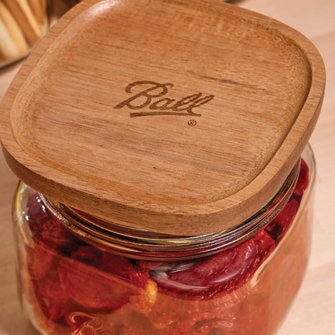 Ball Stack & Store Glass Mason Jars with Wooden Lid, Used for Pantry, Cookies, Flour, Cereal, Rice, Sugar, Tea, Coffee Beans, Spices, Square, 9.9-Cup (Pack of 4)