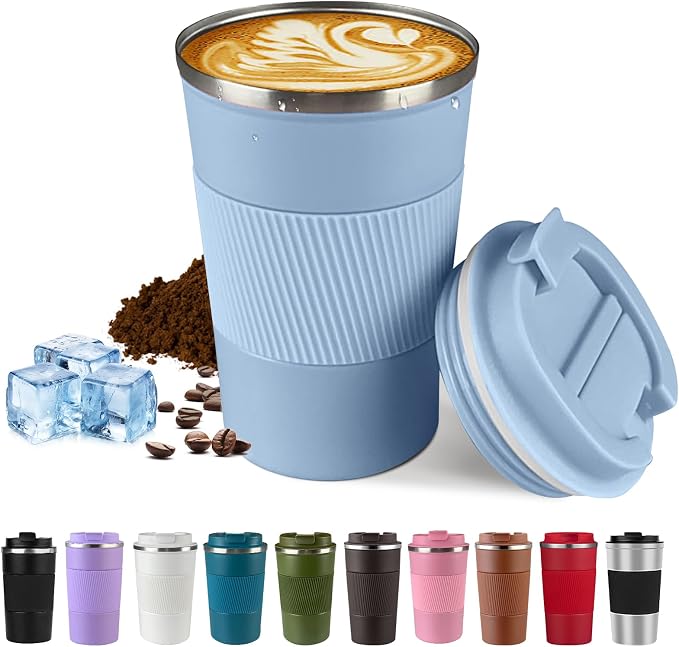 SPLMIFA Vacuum-Insulated Stainless Steel Travel Coffee Mug, Leak-Proof Reusable Coffee Cup with Lid - Keep Hot & Cold Drinks for Hours, Durable Insulated Tumbler for Men & Women(3rd-Light Blue, 12OZ)
