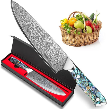 KEENZO Damascus Chef Knife 8 inch, Professional Kitchen Knives,Sharp Japanese Chef's Knife, Hand Forged 67-Layer Damascus Steel Cooking Knife, Ergonomic Abalone Shell handle with Gift Box