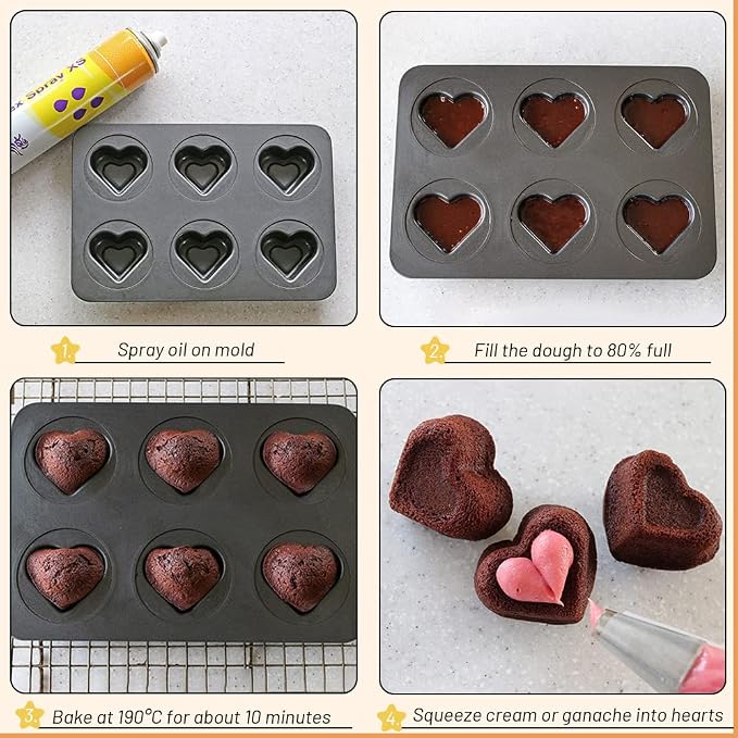 6 Cup Valentines Heart Shape Muffin Cupcake Pan Nonstick Cheesecake Brownie Cookie Cake Baking Tin Tray Mold, for Christmas Birthday Anniversary Wedding