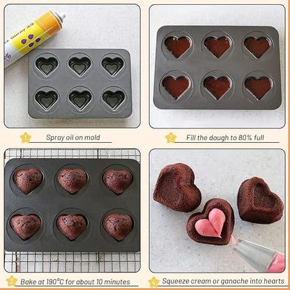 6 Cup Valentines Heart Shape Muffin Cupcake Pan Nonstick Cheesecake Brownie Cookie Cake Baking Tin Tray Mold, for Christmas Birthday Anniversary Wedding