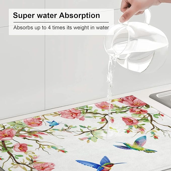Hummingbird Butterfly Magnolia Dish Drying Mat 18x24 For Kitchen Counter Absorbent Microfiber Dishes Pad Dish Drainer Rack Mats Fast Dry Kitchen Accessories