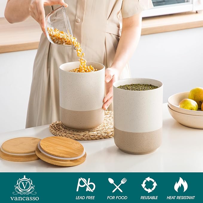 vancasso Sabine Large Ceramic Canister Set with Airtight Wood Lids - 2-Piece Kitchen Food Storage Jars for Flour, Sugar, Coffee & Tea (74 oz Each) - Big Capacity Countertop Jars