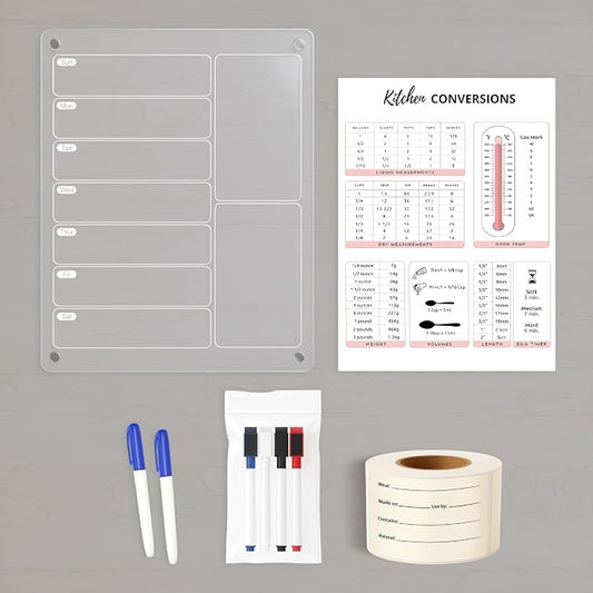 Meal Prep Bundle. Includes 1 Magnetic Acrylic Meal Planner Board, 1 Kitchen Conversion Chart Magnet, and 100 Freezer Labels for Food Storage & Organization