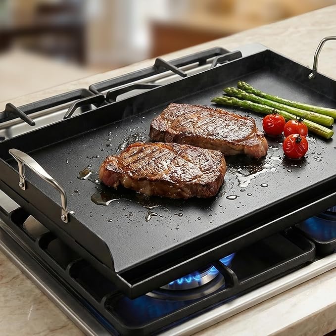 25" x 16" Cast Iron Griddle for Gas Grill with Silicone Griddle Tool Kit, Pre-Seasoned Grill Griddle for Gas/Charcoal Grills, Flat Top Grill Accessories Set with Spatulas, Scraper Cleaning Brush