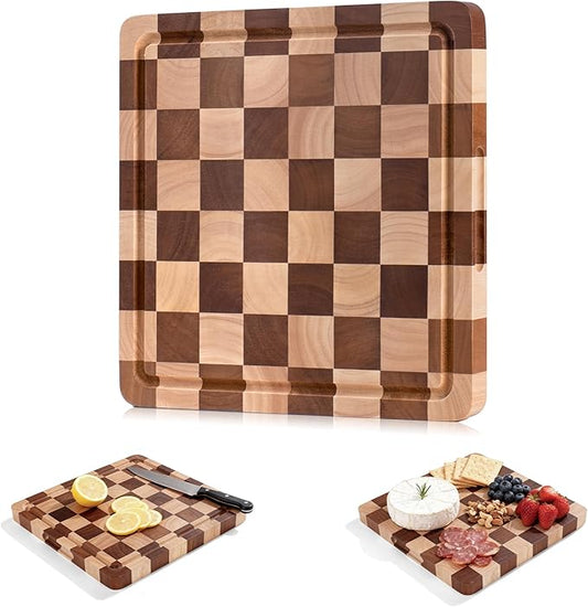 WILLKOMMEN Checkered Cutting Board for Kitchen– Wood Checkerboard End Grain Chopping Board 1" Thick Wooden Butcher Block with Juice Groove & Handle, Reversible for Cooking and Serving (Square)