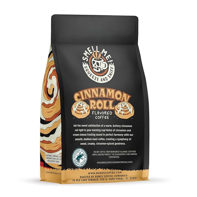 Bones Coffee Company Decaf Cinnamon Roll Decaffeinated Flavored Coffee, Medium Roast Low Acid Arabica Beans Compatible with Auto drip and French Press Coffee Maker, 12 Oz Whole Bean