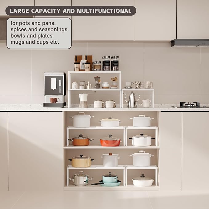 Magheo Expandable Cabinet Shelf Organizer, 2 Pack Stackable Kitchen Counter Shelf Riser, Metal Spice Rack Heavy Duty Countertop Organizer Storage for Kitchen, Pantry, Cupboard, Rv (8.7in Height,White)