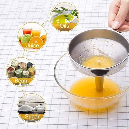 Kitchen Funnel, 3 Piece Stainless Steel Funnels Set with Handle Design and Removable Strainer, Great for Transferring of Liquid, Fluid, Dry Ingredients & Powder, Funnels for Filling Bottles