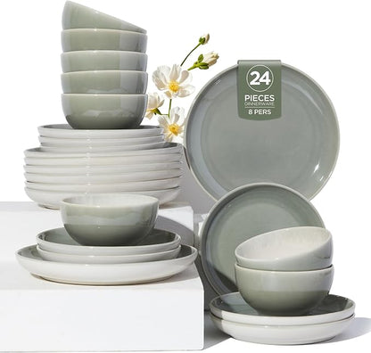 Pokini Plates and Bowls Sets for 8, 24 Piece Dinnerware Set for Large Families & Entertaining, Elegant Design, Dishwasher & Microwave Safe, Chip Resistant and Durable, Gray Green