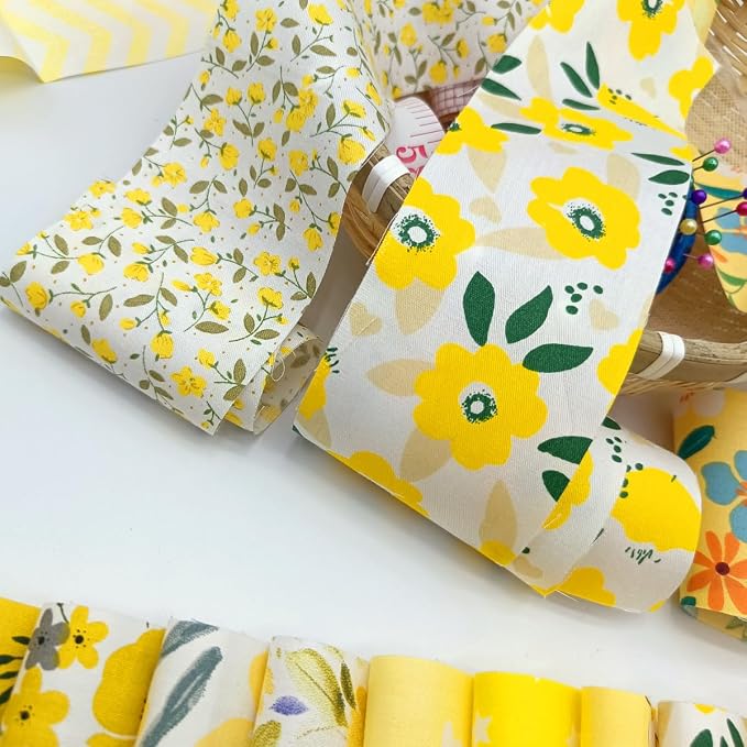 40 Pcs Jelly Roll Fabric Strips for Quilting, Sewing Supplies & DIY Crafts-2.6 Inch Precut Cotton Fabric Bundles Floral Patchwork Yellow