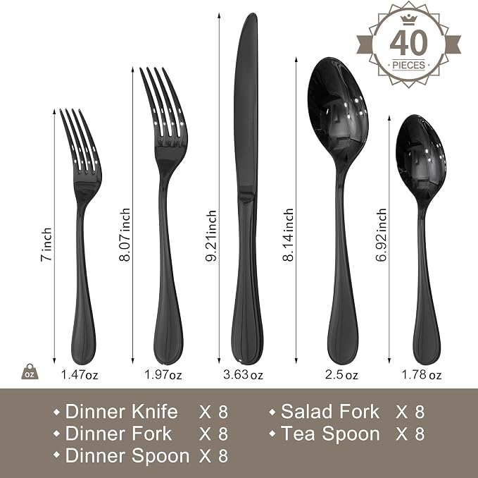 KINGSTONE 40 Piece Teardrop Silverware Set for 8, 18/10 Stainless Steel Flatware Set, Modern Design Cutlery Set for Home/Hotel/Wedding,Mirror Polished and Dishwasher Safe, Black