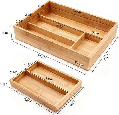 2-Tier Drawer Organizer with Removable Cutlery Tray Kitchen Utensil Silverware Drawer Organizer, Silverware Tray for Drawer Utensil Holder Bamboo Flatware Box for Utensils Stationery Cosmetics (M)