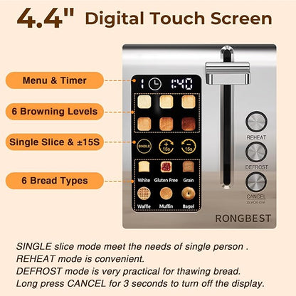 2 Slice Touch Screen Toaster Stainless Steel with Wide Slots for Family Breakfast, Even Toasting for Bagels & Bread, Defrost & Reheat, Easy Removable Crumb Tray, Matt Black