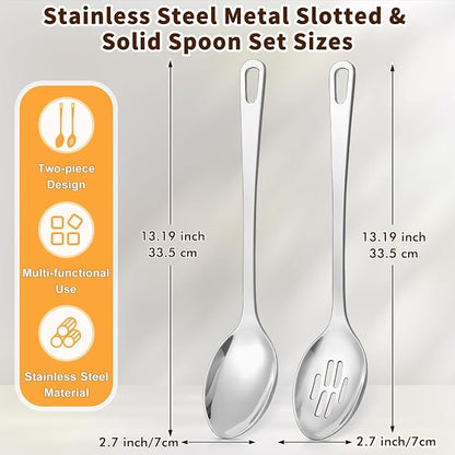 Stainless Steel Cooking Spoon, Slotted Metal Serving Spoon, Heavy Duty Sturdy Large Soup Ladle, High Heat Resistant Kitchen Cooking Utensils for Mixing, Stirring, Ergonomic Handle, Easy to Clean