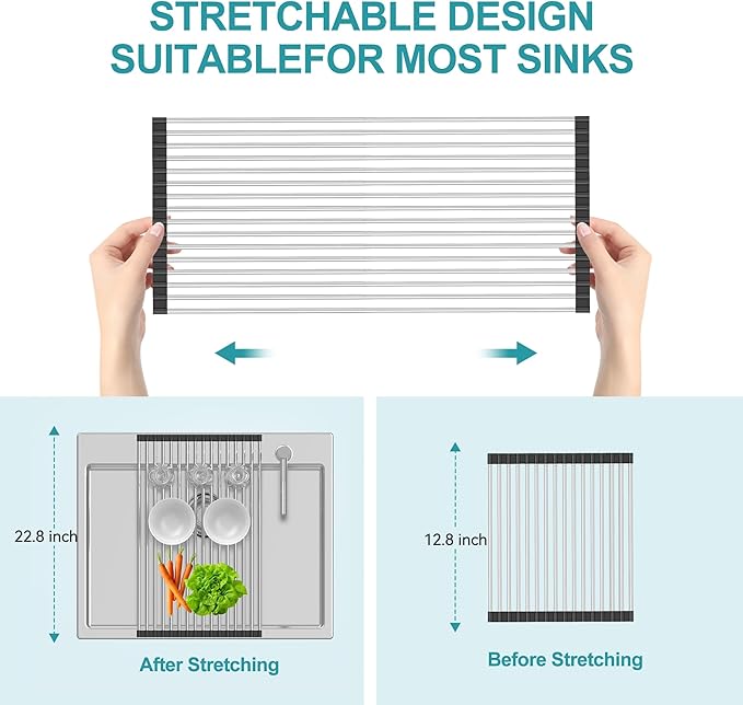BBXTYLY Extra Large Expandable Roll Up Dish Drying Rack,Over The Sink Drying Rack Sink Cover Kitchen Sink Accessories Kitchen Rolling up Stainless Steel Drainer, Foldable,Rollable（Black，22.8''-12.4''）