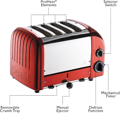 Dualit Classic 4 Slice NewGen Apple Candy Red Toaster - Hand Built in the UK – Replaceable ProHeat® Elements - Heat 1/2/3/4 Toast Slices, Defrost Bread, Mechanical Timer - For Toast, Bagels & More