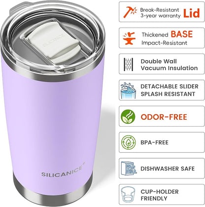 20oz Hygienic Stainless Steel Vacuum Insulated Tumbler w/ Easy-On/Easy-Off Lid - Removable slider, Double Wall 18/8 Travel Mug, BPA-Free, Fits Cup Holders, Premium Quality, Smart Value - Lilac