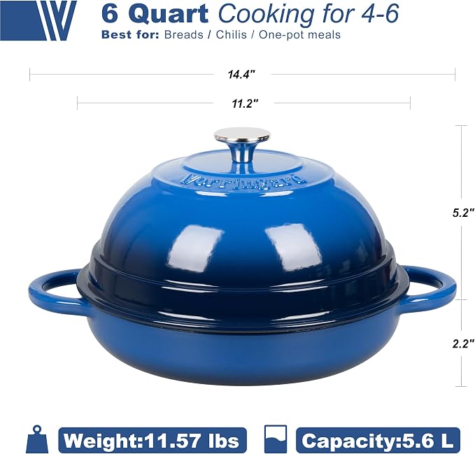 VORRINGARD Cast Iron Enameled Dutch Oven Pot with Lid for Bread Baking, Bread Oven, 6 Quart, Blue
