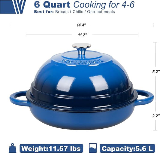VORRINGARD Cast Iron Enameled Dutch Oven Pot with Lid for Bread Baking, Bread Oven, 6 Quart, Blue