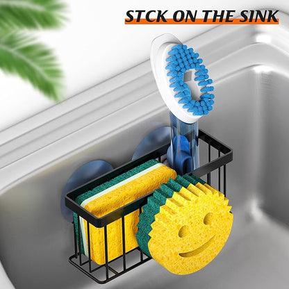 MURLONG Sponge Holder Smiley Face, Sink Organizer with 2 Suction Cups/1 Adhesive Strips, Designed for Sponge, Soap, Dish Brush, Scrubber - Black