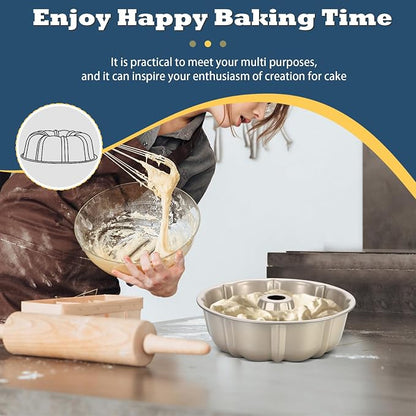 P&P CHEF 10 Inch Light Gold Non-stick Cake Pan, Carbon Steel Fluted Tube Round Baking Pan for Pound Cake, 10-Cup Large Capacity Bakeware, Healthy & Heavy Duty, 1 Piece
