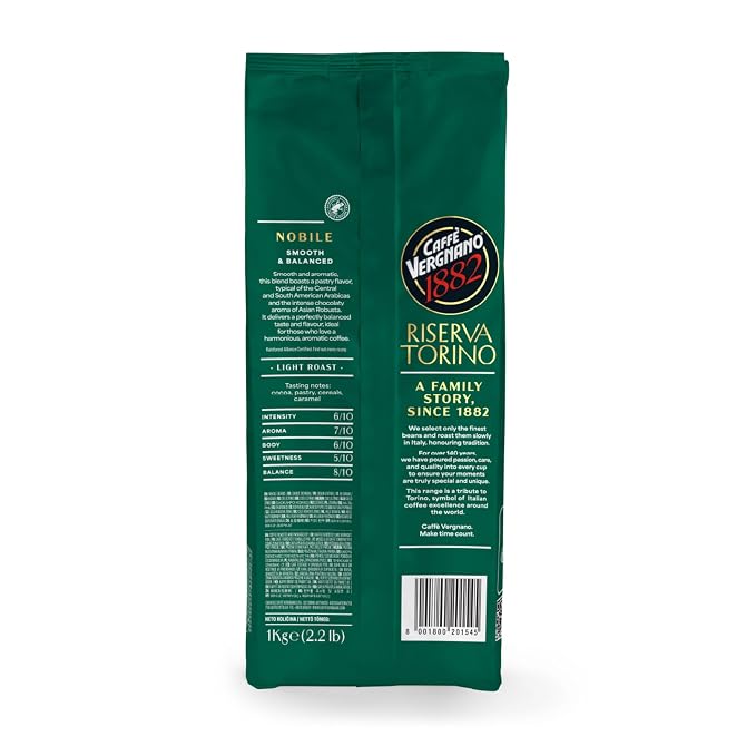 Caffe Vergnano Riserva Torino Nobile Arabica Robusta Coffee Beans, 2.2 lb Bag - Light Roast Whole Bean Espresso for French Press, Drip Coffee Maker, Automatic Coffee Machine & Moka Pot