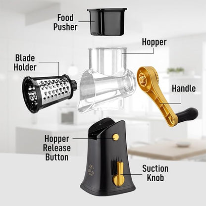 Zulay Kitchen Rotary Cheese Grater 5 Blade Cheese Shredder - Manual Hand Crank Cheese Grater With Reinforced Suction & 5 Interchangeable Drums - Easy to Use, Vegetable Chopper Round Mandoline Slicer